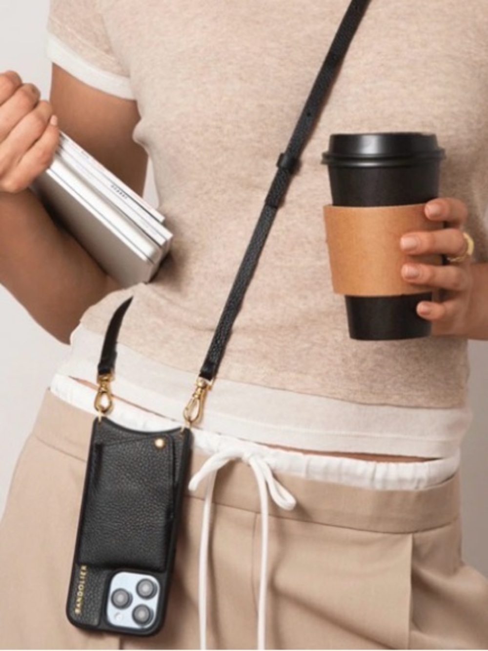 Bandolier Emma Black Pebble Leather Phone Crossbody with Gold Hardware